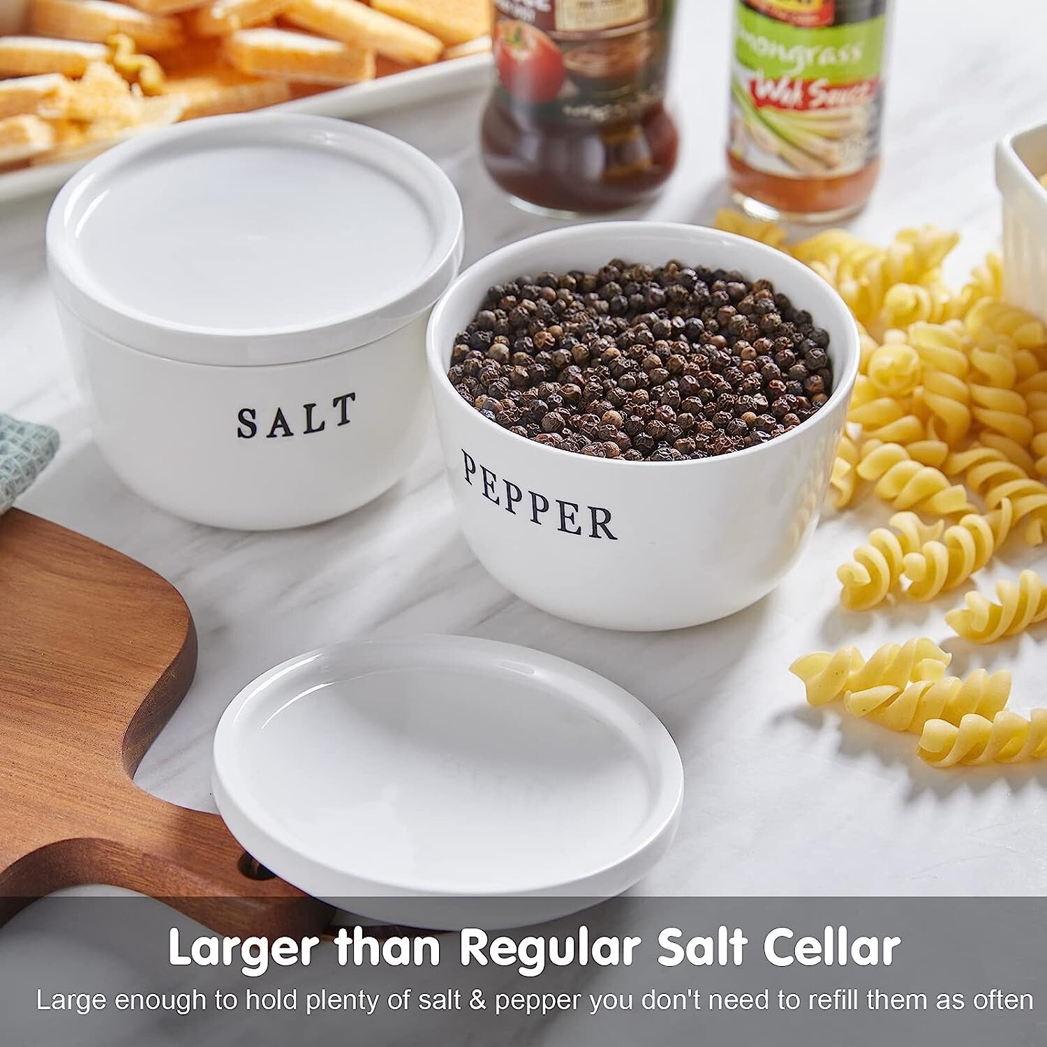 Set of 2 Ceramic Salt and Pepper 10 oz Bowls Container Set with Lids, White