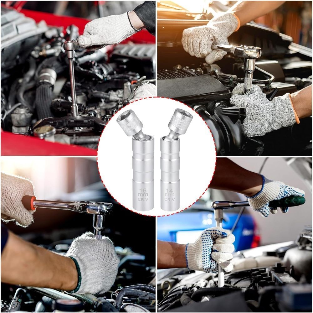 14mm & 16mm Thin Wall Magnetic Swivel Spark Plug Socket 12-Point Removal Tool