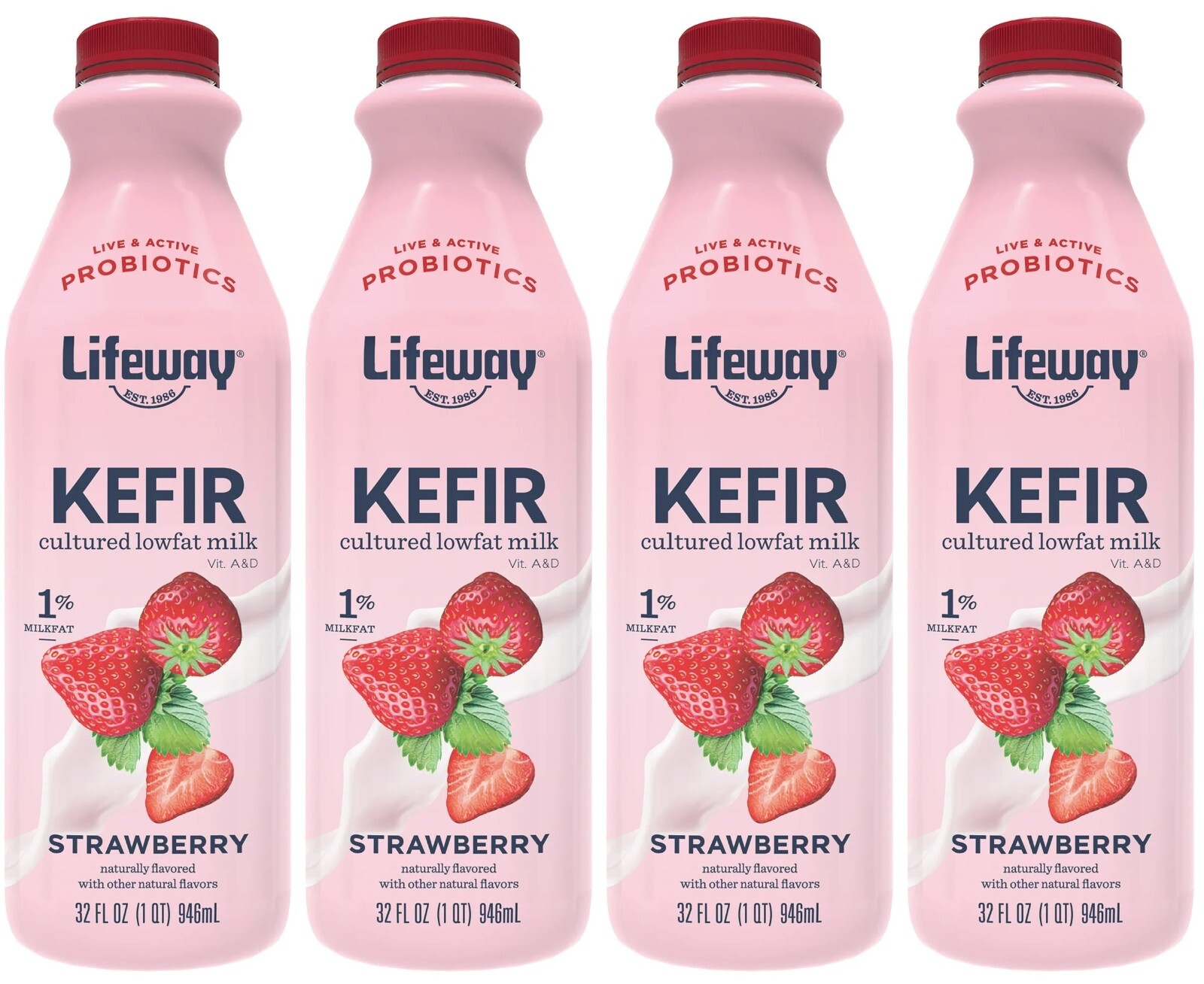 4 Bottles Lifeway Strawberry Lowfat Kefir Milk Drink Probiotics Size 32 oz 4-pck