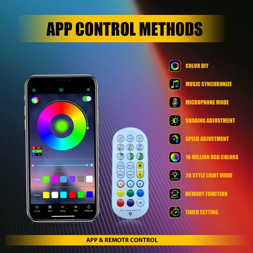 Car Interior Ambient Lighting Kit APP LED Neon Light Trim Glow Optic Fiber Strip