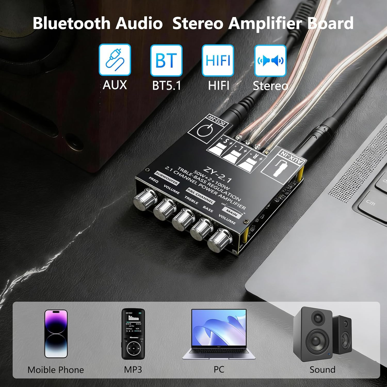 Bluetooth 5.1 Audio Stereo Amplifier Board,200W Hifi 2.1 Channel Mini Subwoofer