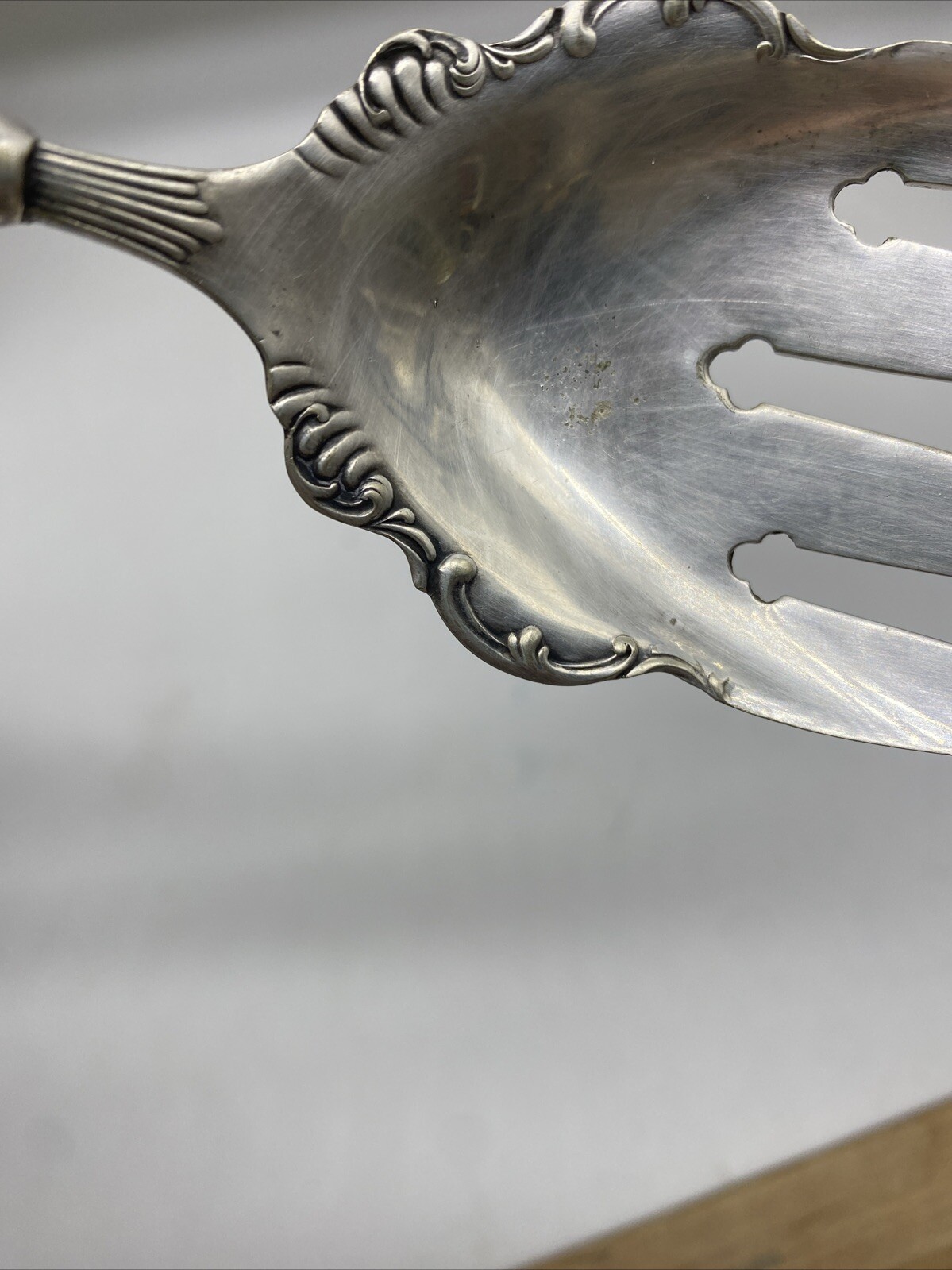 Antique Large Victorian Ornate Silver Serving Fork Wooden Handle 12"