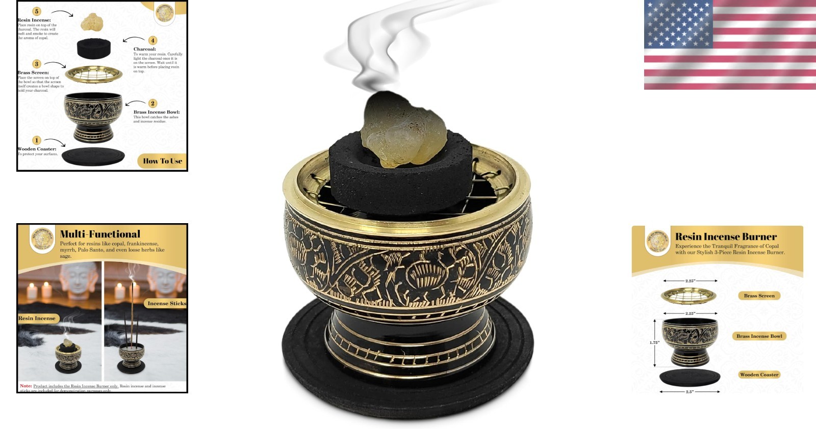 Cultural Black Brass Incense Burner with Wooden Coaster - Perfect for Meditation