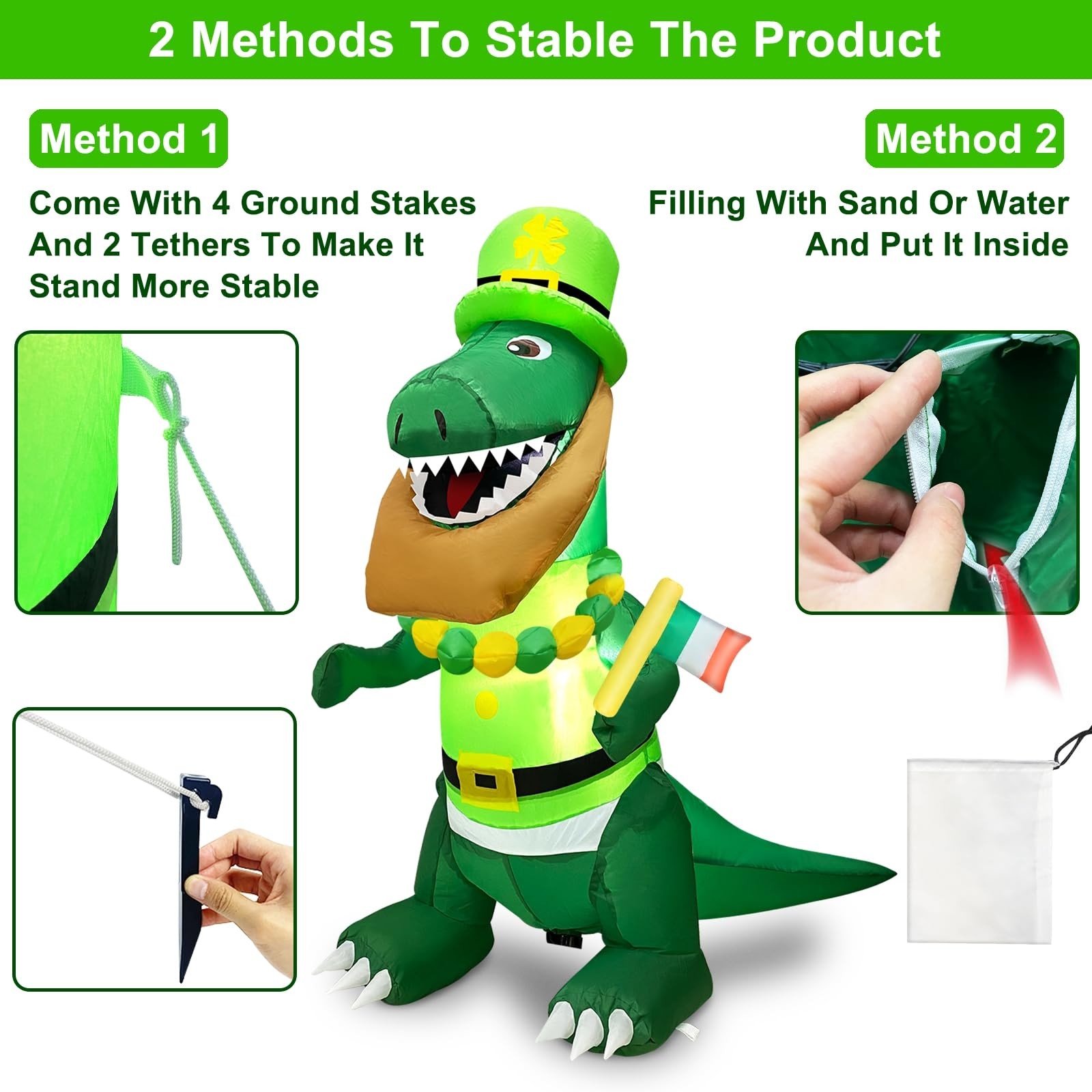 4FT Dinosaur St. Patricks Day Inflatables Decorations Outdoor Blow Up Dinosau...