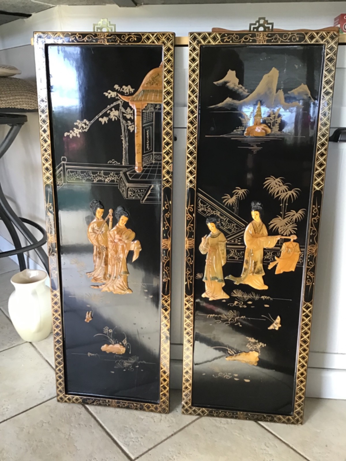 Black Lacquer Asian Geshia women beautifully painted wooden inlay. 12” X 36” tal