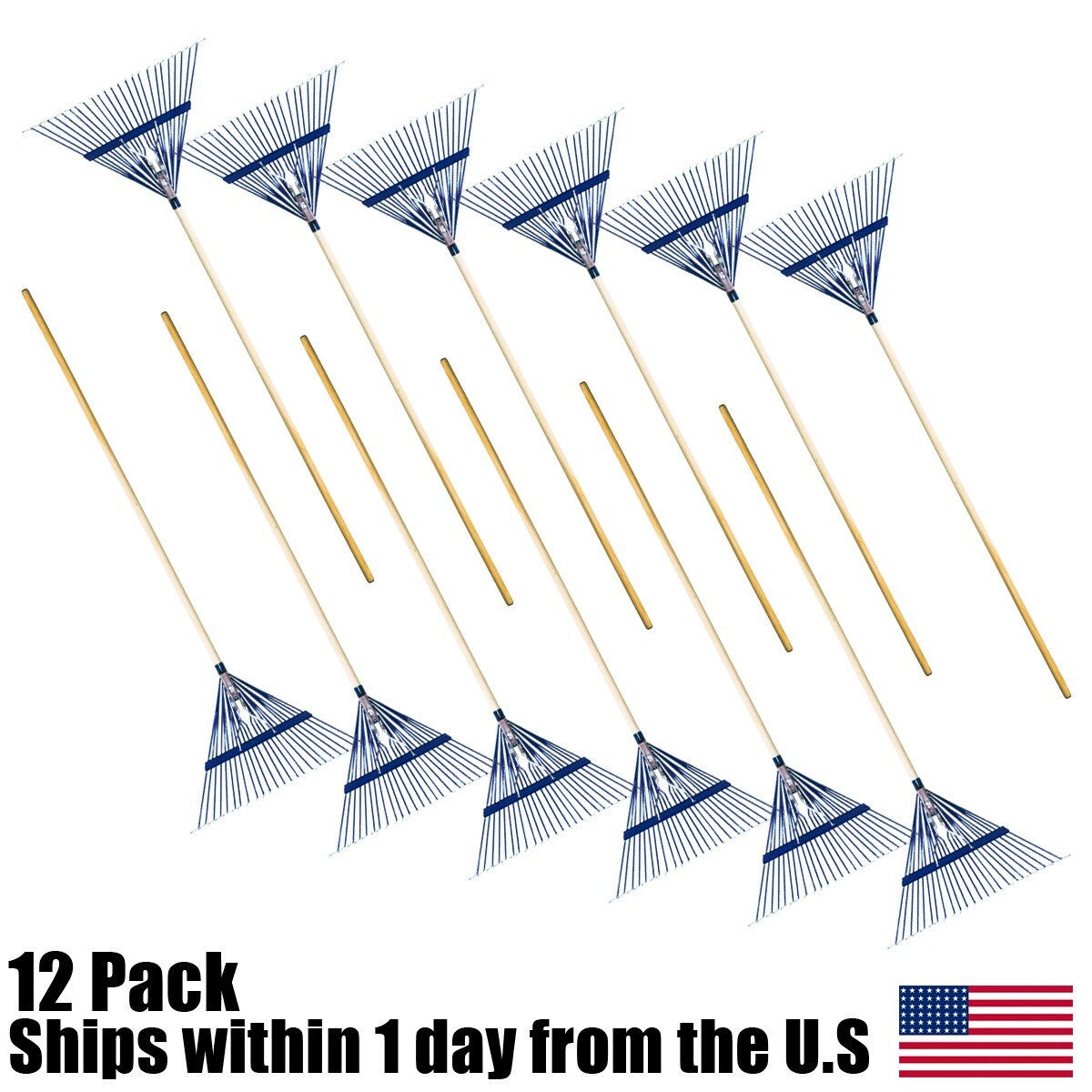 12 Commercial Landscaping 24" Steel Tine Thatching Leaf Rake Wooden Handle Case