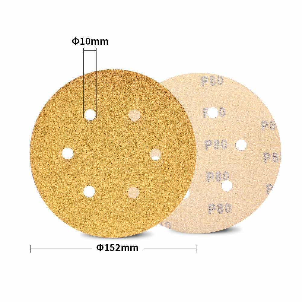 50/100PCS 6 inch Hook Loop Sanding Discs 80 120 180 Grit 6-Hole Sander Sandpaper