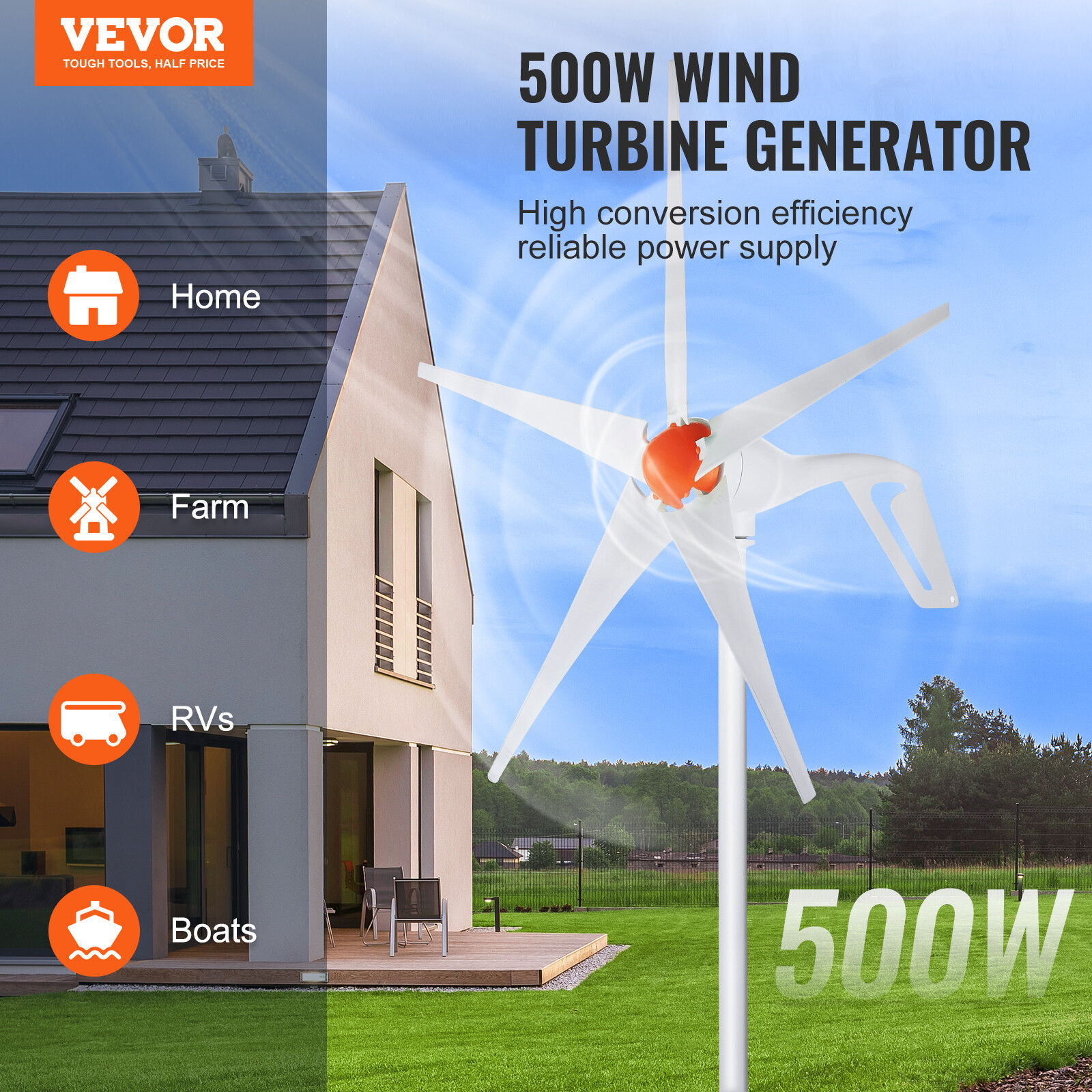 500W Wind Turbine Generator 12V 5-Blade Wind Turbine Kit & MPPT Controller