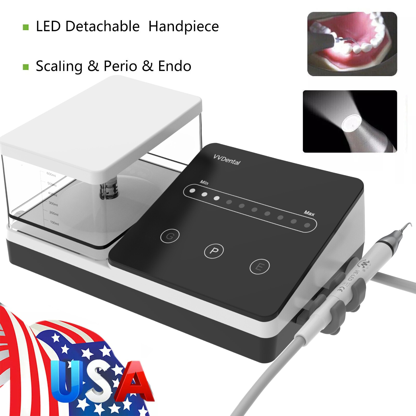 Dental Ultrasonic Piezo Scaler 600ml Tank 10Tip Fit EMS Woodpecker LED Handpiece