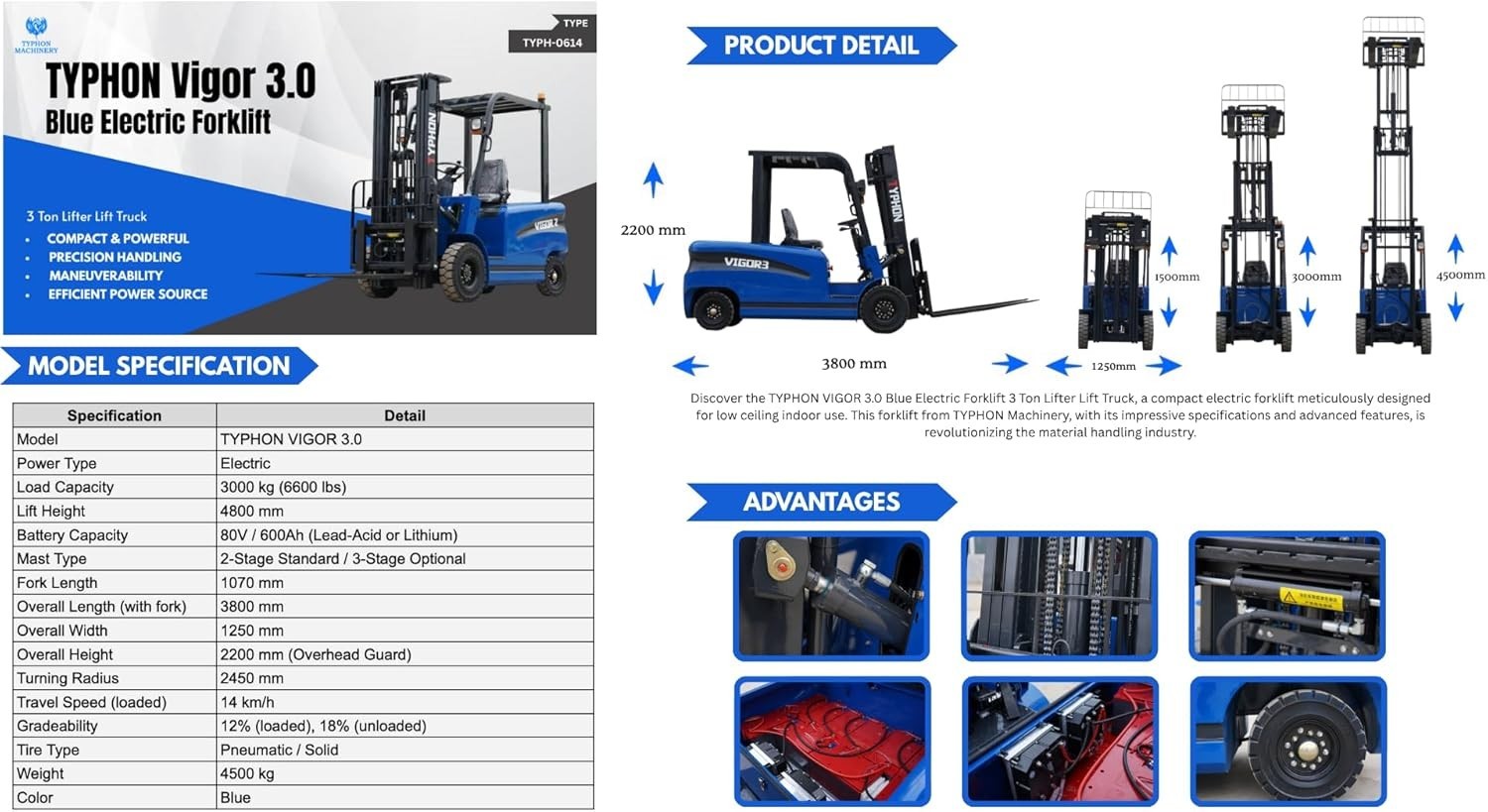 Brand New Electric Forklift 3 Ton Rated Capacity Lifter Truck USA w side shift