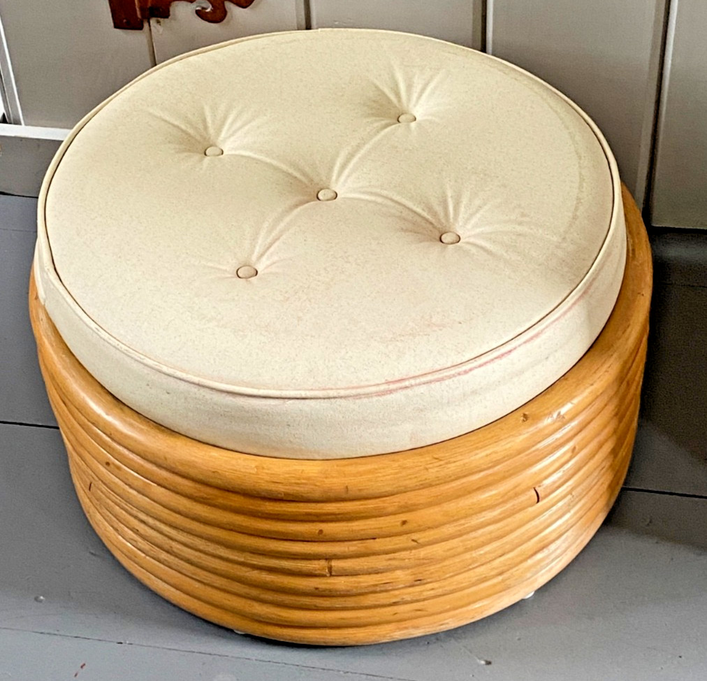 MCM Stacked 9 Band Bent Rattan Bamboo Ottoman Footstool Cushion Vtg Mid-Century