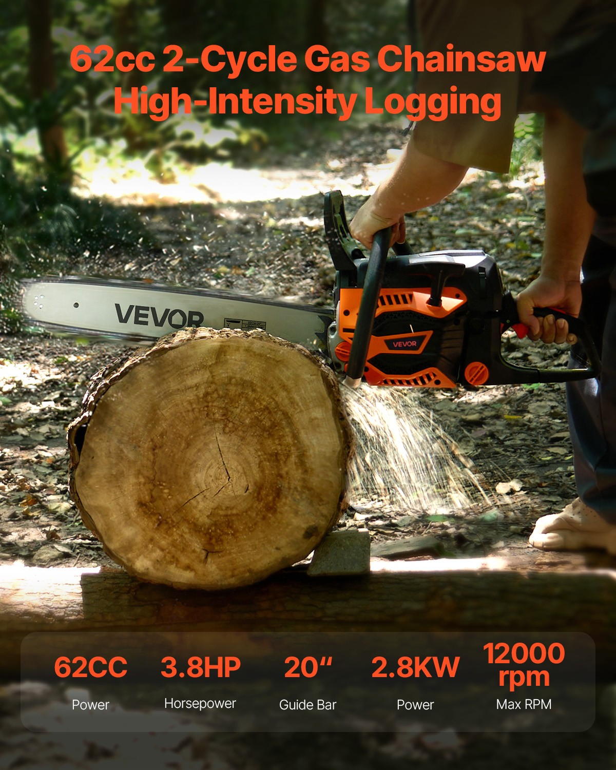 VEVOR 62cc Gas Chainsaw 3.8 HP Gas Powered 20 inch Chainsaw For Wood Cutting