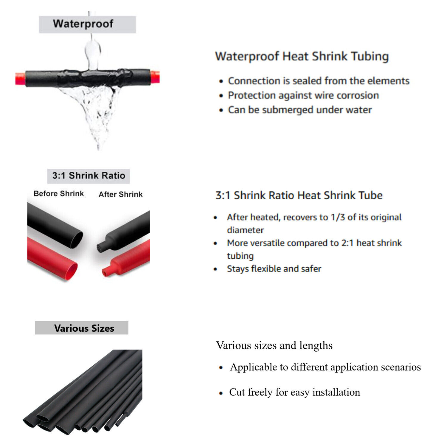 Black Heat Shrink Tubing Tube Dual Wall 3:1 Marine Adhesive Glue Lined