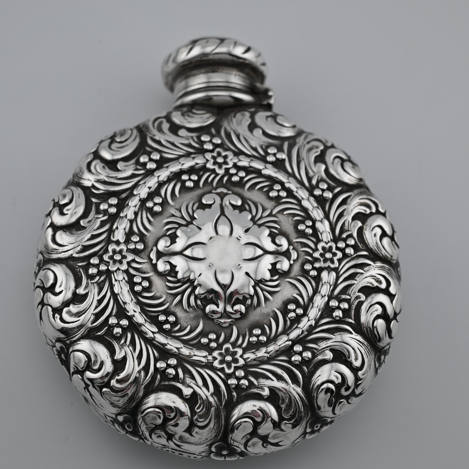 RARE Sterling Silver Tiffany & Co. Flask Aesthetic ornate scroll c1890 ~3/4 Gill