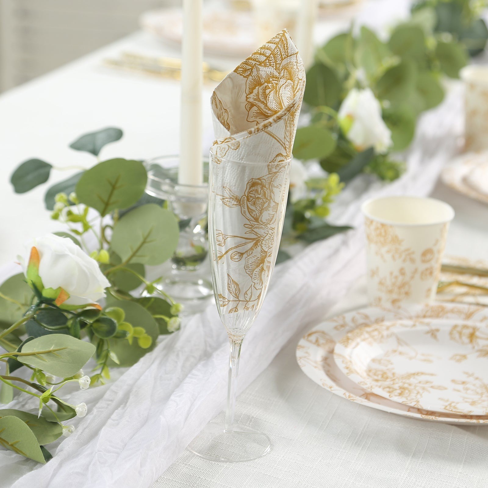 50 White with Gold Paper 2-Ply Dinner Napkins in French Toile Floral Pattern