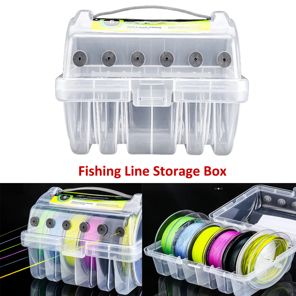 Clear Line Spool Storage Box Fishing Line Organizer Holder Case 6 Compartments