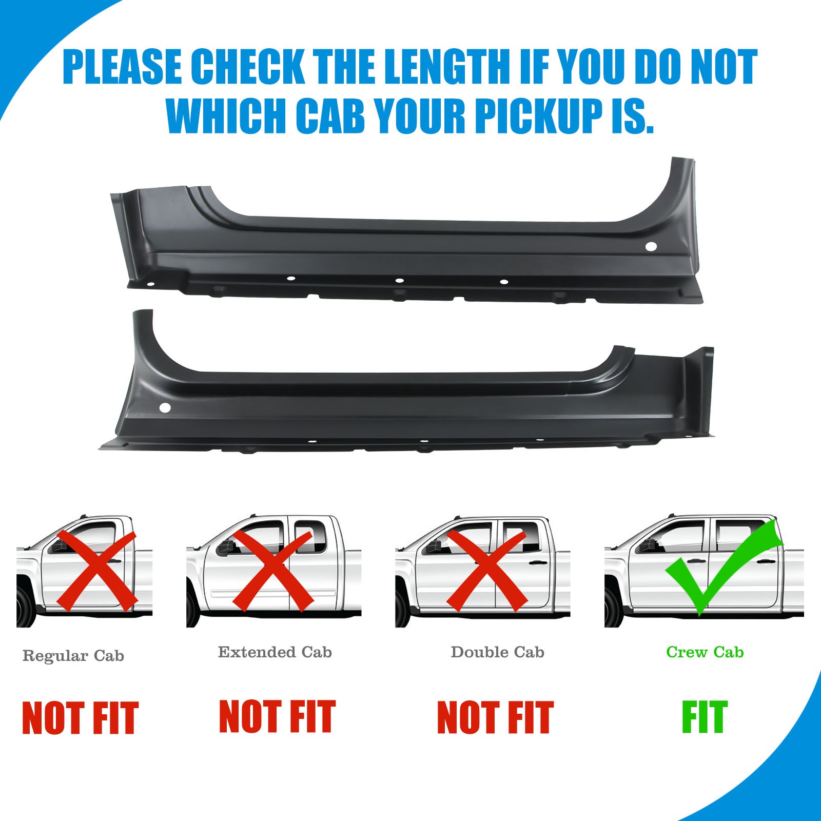 Left+Right Side Rocker Panels for 2007-2013 Chevy Pickup Silverado Standard Cab