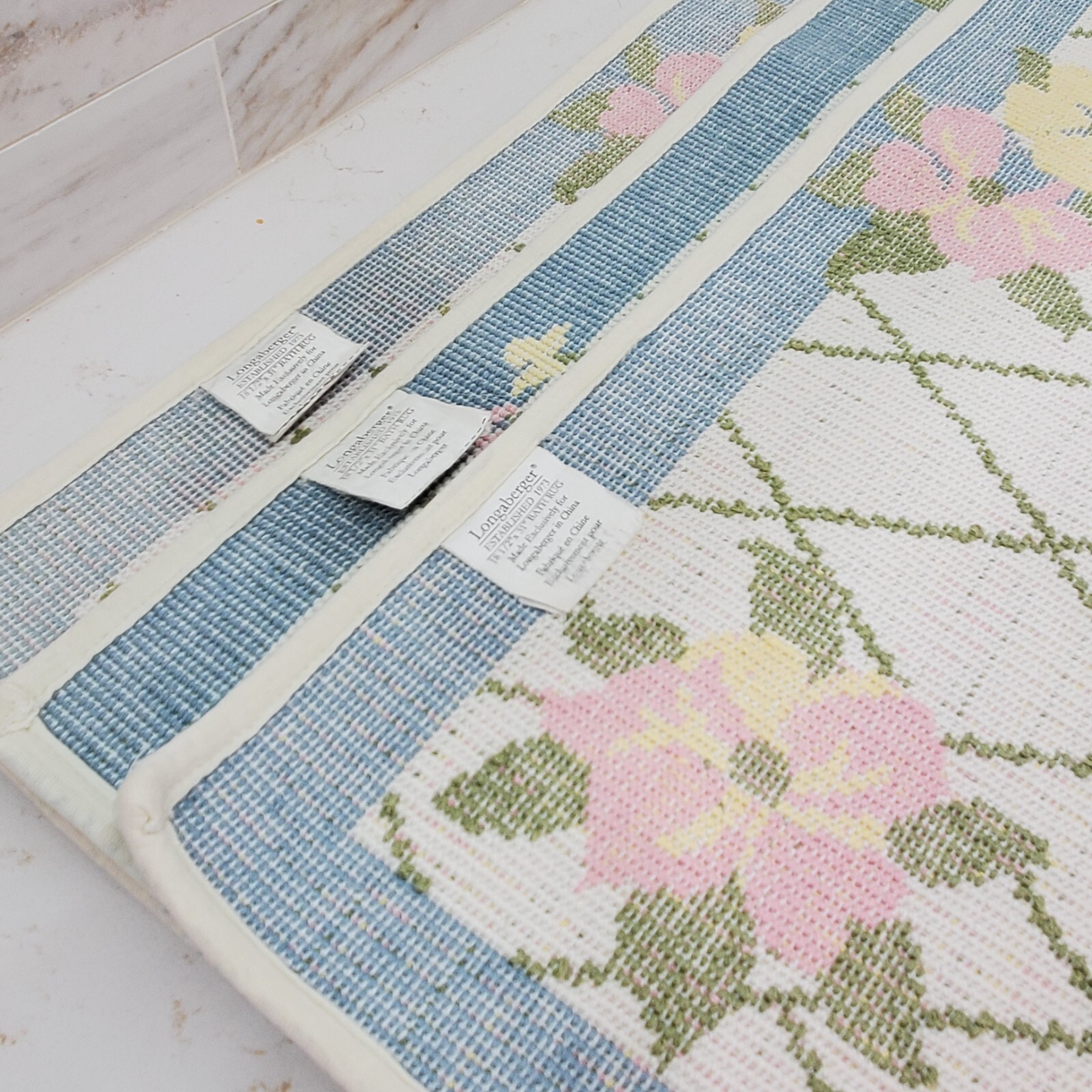 Longaberger Bath Mat Rug Pastel Trellis Pattern Blue Pink Cream White 18.5"x31"