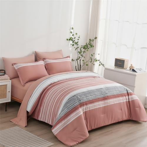 7 Piece Bed in a Bag Stripe Comforter Set Full Full(7 Piece Set) Blush Pink