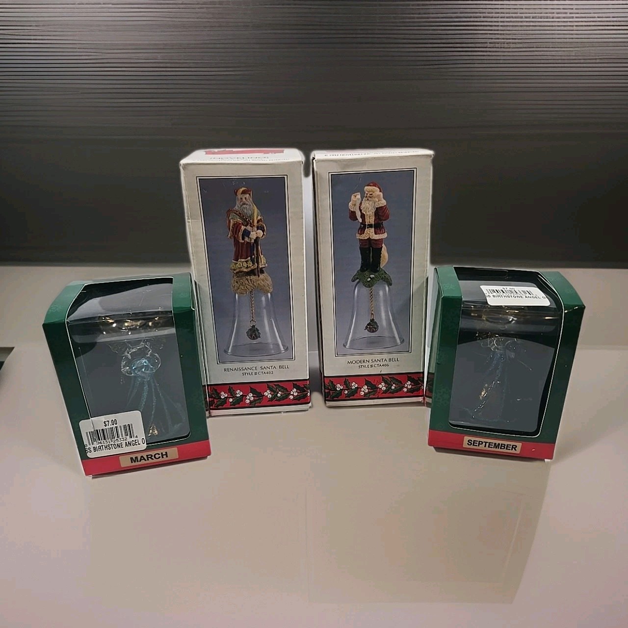 Christmas Lot Of 4 Kurt Adler Birthstone Angels & Novelino Santa Bells Holiday