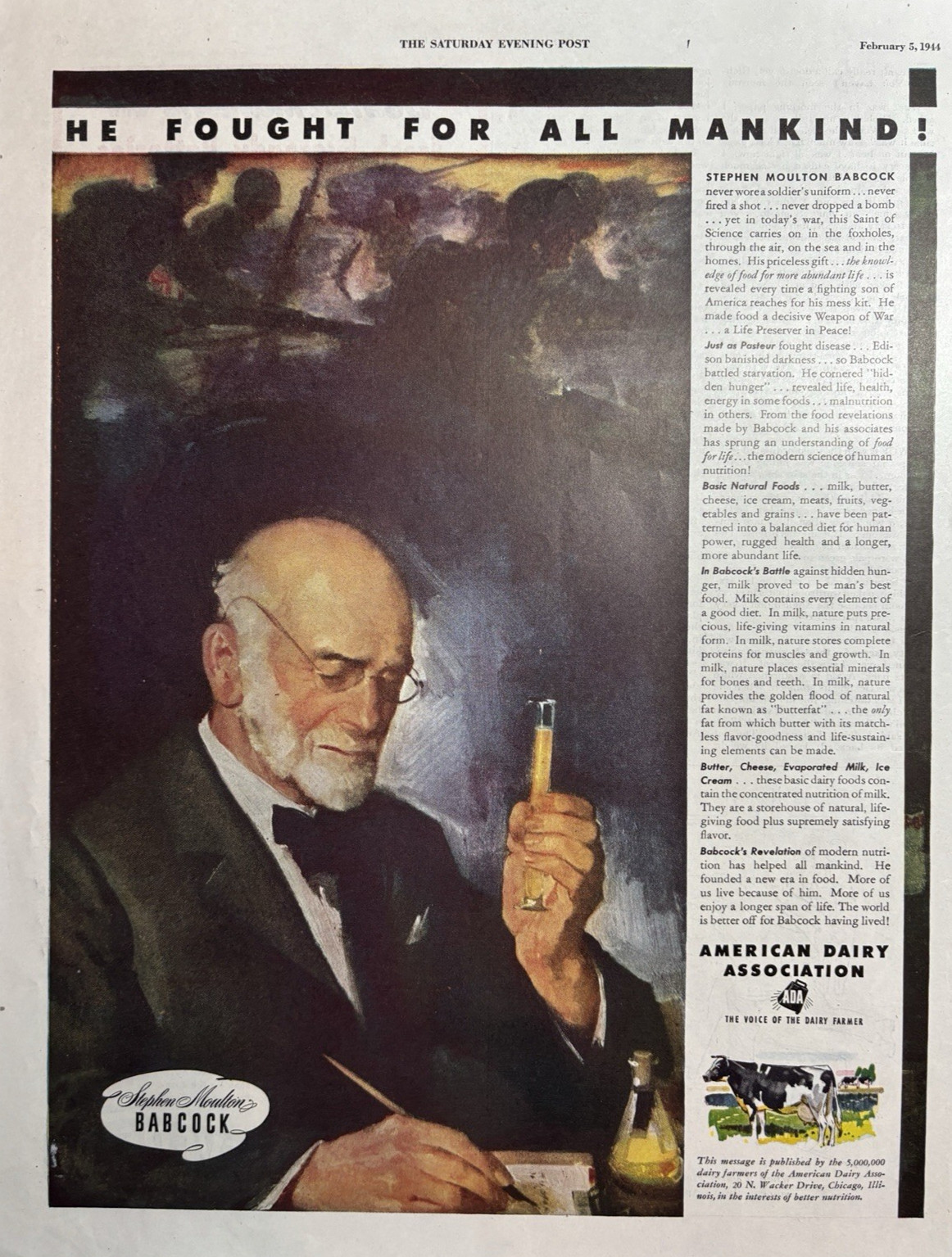 1944 American Dairy Assn Stephen Moulton Babcock WWII Fought Man VTG Print Ad