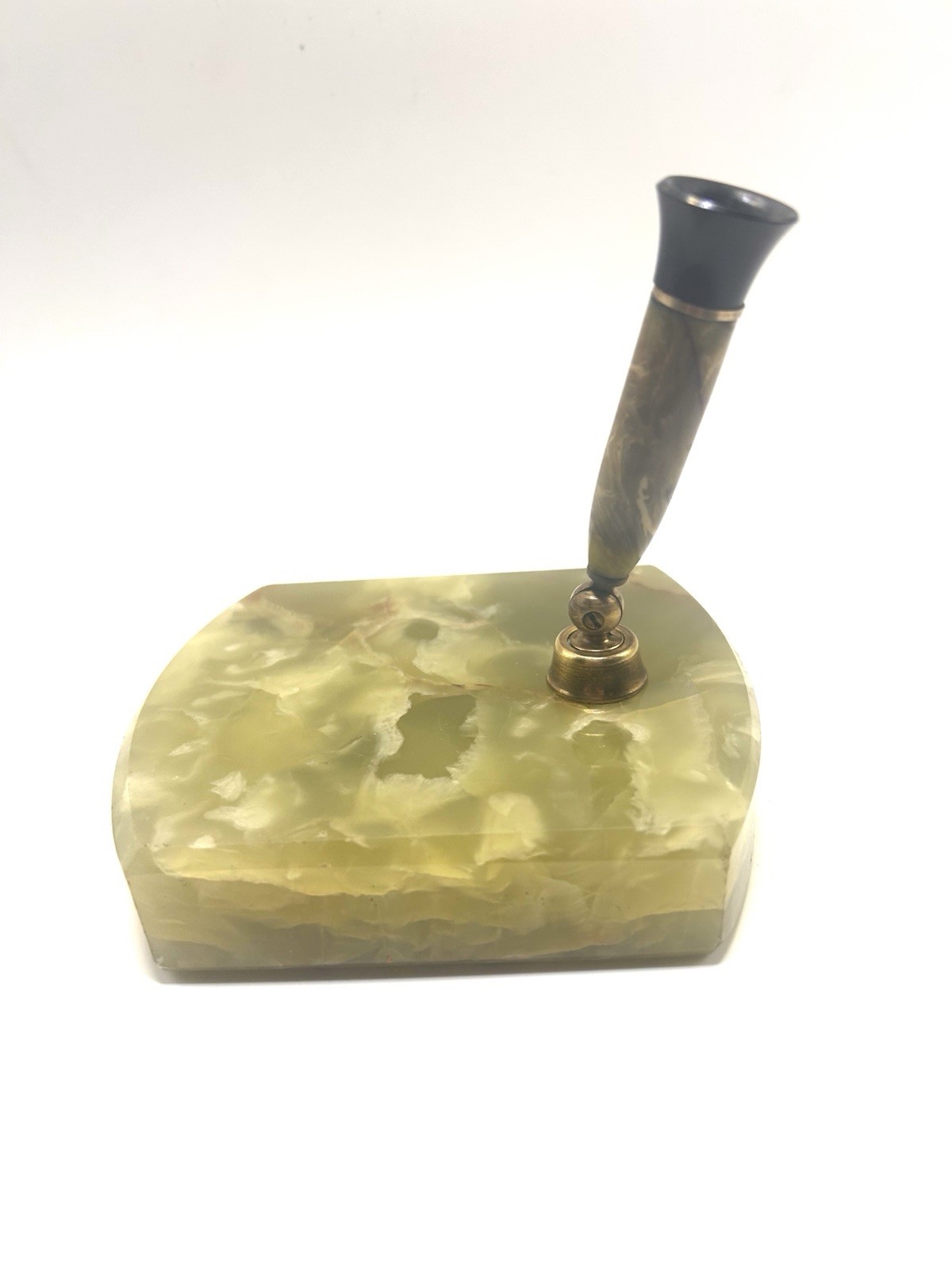 Vintage Green Onyx Marble And Brass 4 Piece Desk Set