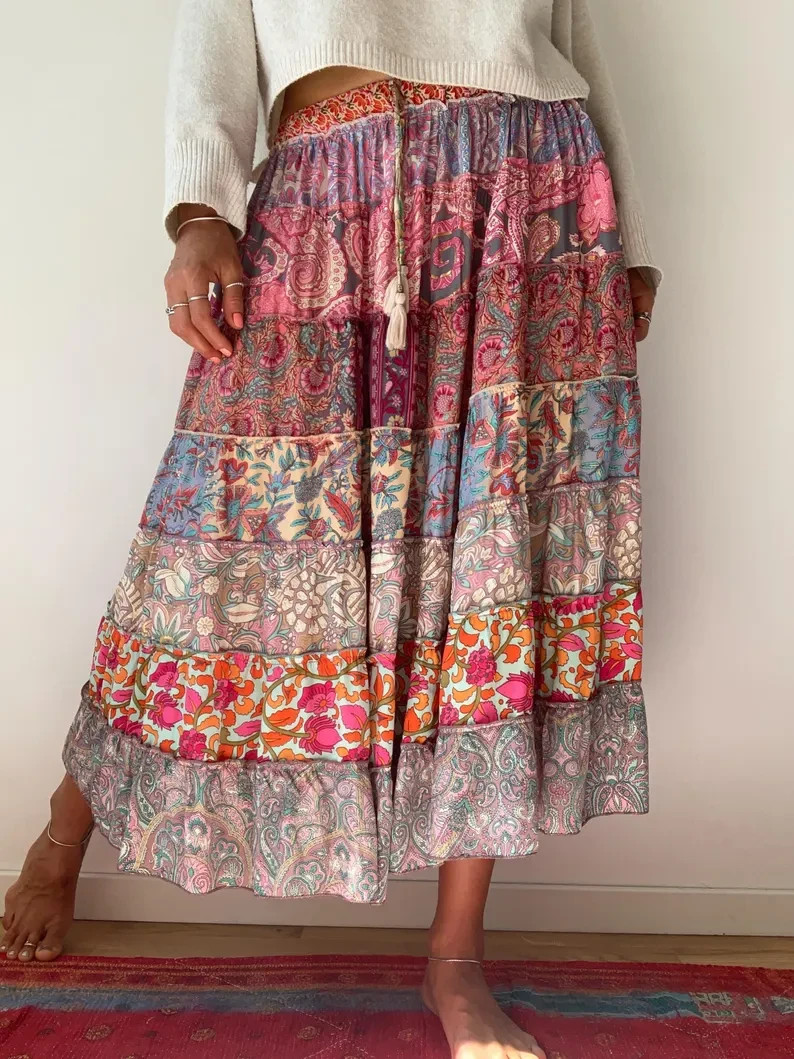 Wholesale Lot Frilled boho skirt for summer festivals tiered hippie maxi skirts