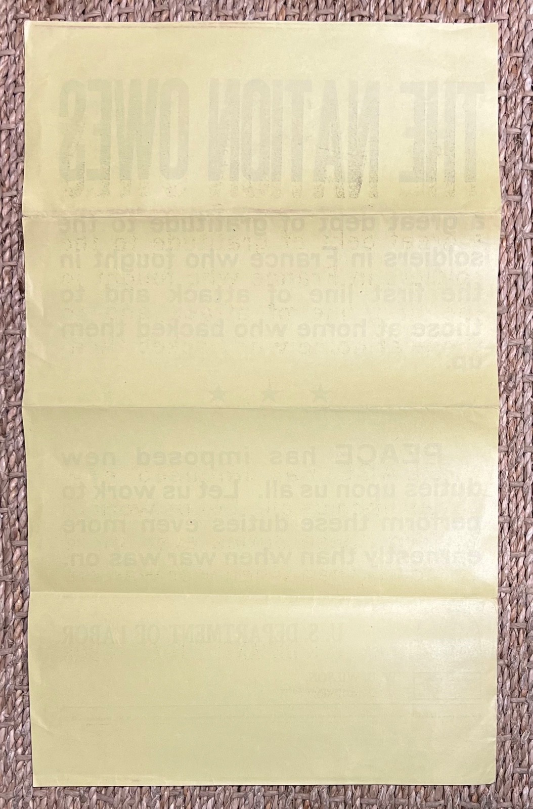 Vintage 1918 WW I "THE NATION OWES" Department Of Labor Poster