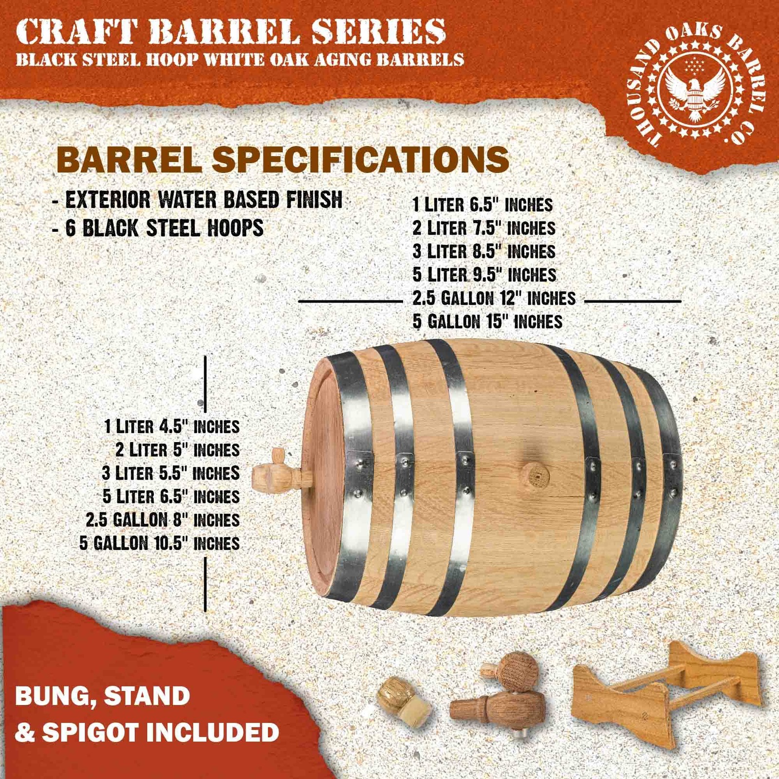 2 Liter Oak Aging Barrel with Wood Stand Bung & Spigot - Mini Whiskey Barrels f