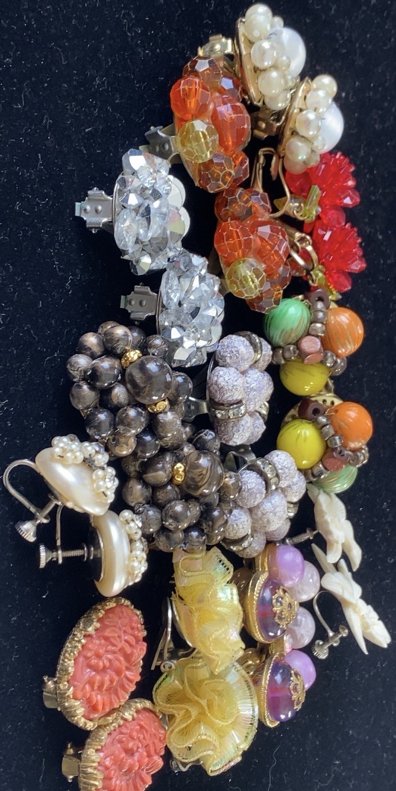 Vintage Bead Earring Lot ~ 12 Stunning Pairs ~ Clip & Screw ~ Flower Rhinestone