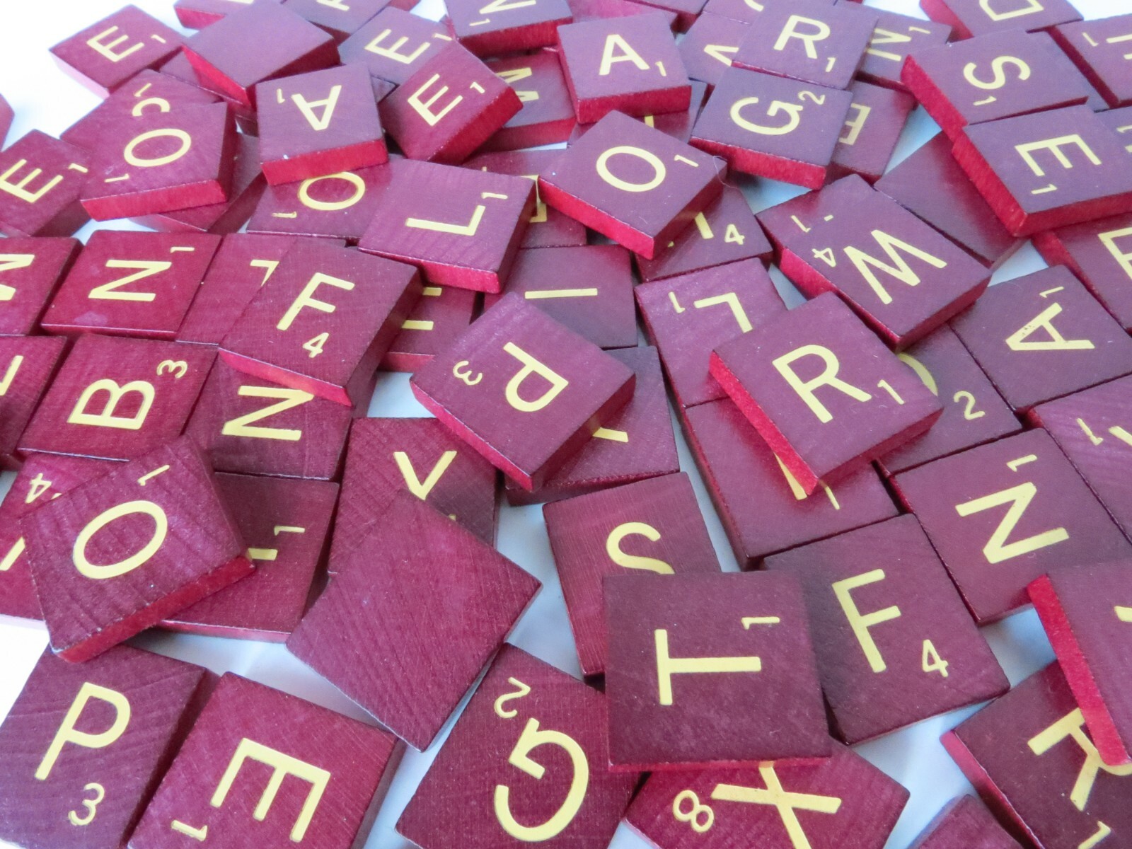 Wood Scrabble Tiles, Maroon Burgundy, GOLD / TAN Letters, Sold Individual