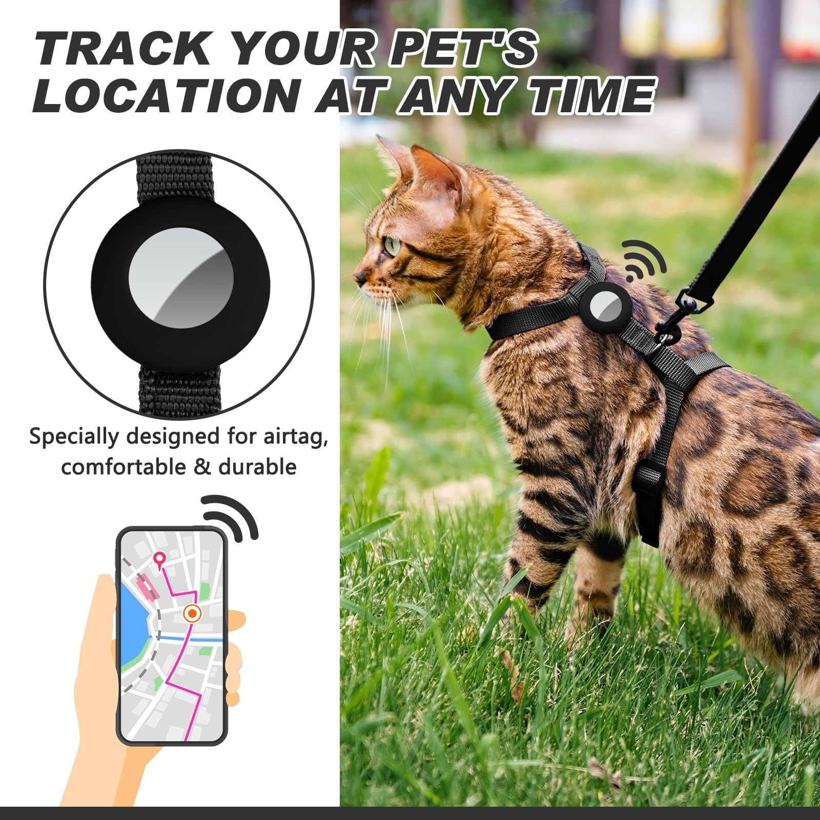 Cat Harness Leash Set Airtag Holder Walking Escape Proof Adjustable Vest Black