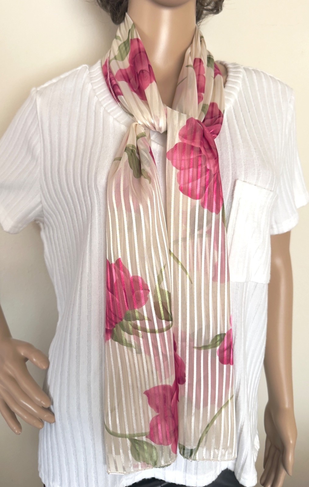 Vintage Pink Floral Sheer Stripe Scarf Korea Romantic Coquette Long 80s-90s