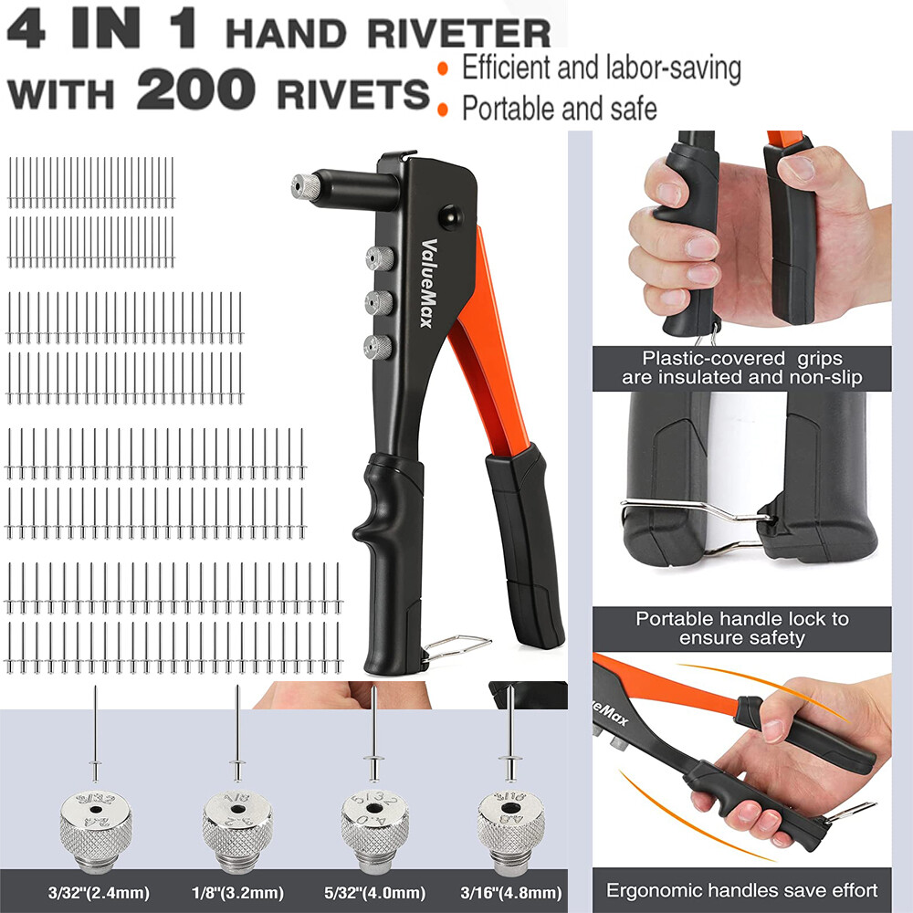 ValueMax 4-in-1 Hand Riveter/Rivet Gun Pop Rivet Tool Kit with 200 Rivets Steel