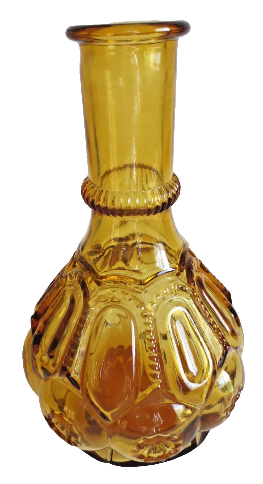 MCM CRYSTAL DECANTER STOPPER AND 5 CORDIAL/SHOT GLASSES AMBER BROWN GLASS VTG