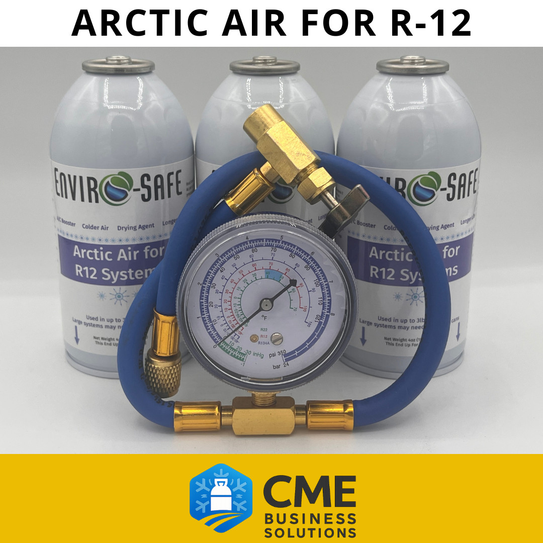 Envirosafe Arctic air for R12, Auto AC support, 3 cans & brass charging gauge