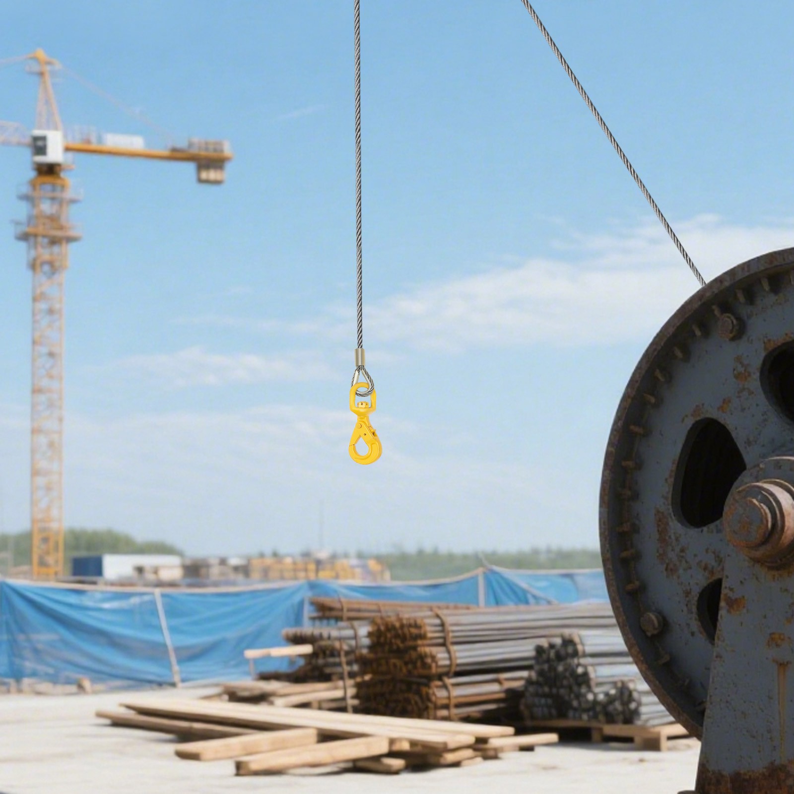 Wire Rope with Swivel Hook 3/8"x150ft Winch Cable with Self Locking Hook Safety