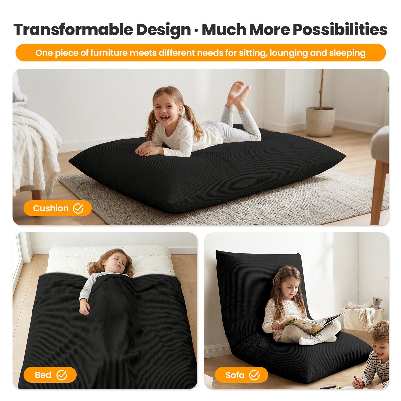 Foldable Kid Bean Bag Chair Corduroy Bed Compression Floor Lounger Sofa Washable