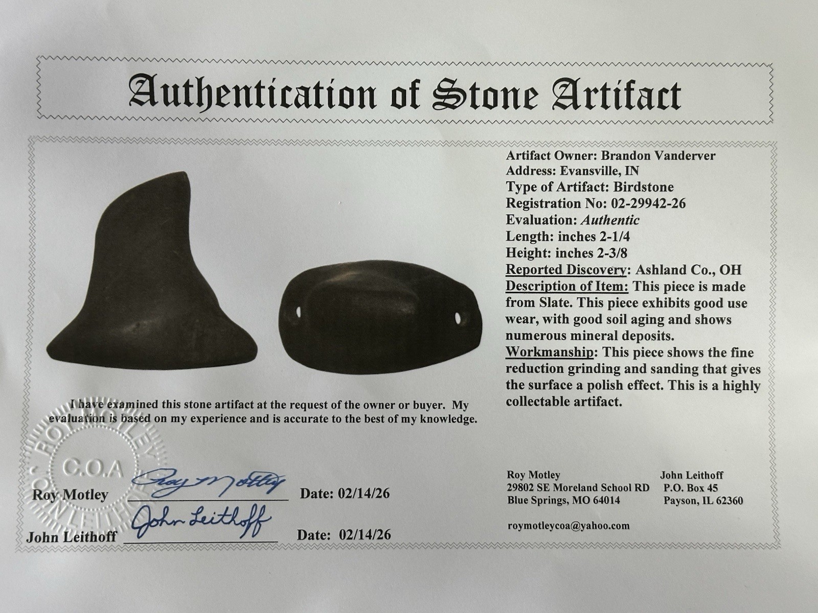 RARE AUTHENTIC BANDED SLATE BIRDSTONE FROM ASHLAND CO. OHIO, MOTLEY COA