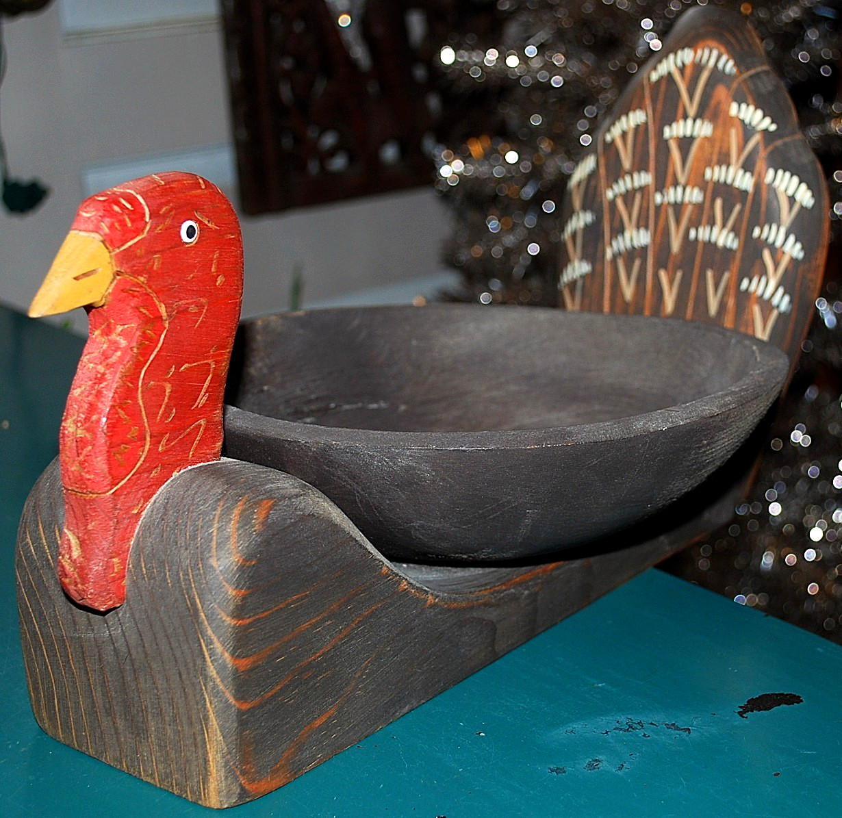 Vtg Hand Carved WOODEN TURKEY BOWL Painted FOLK ART Thanksgiving Centerpiece 14"