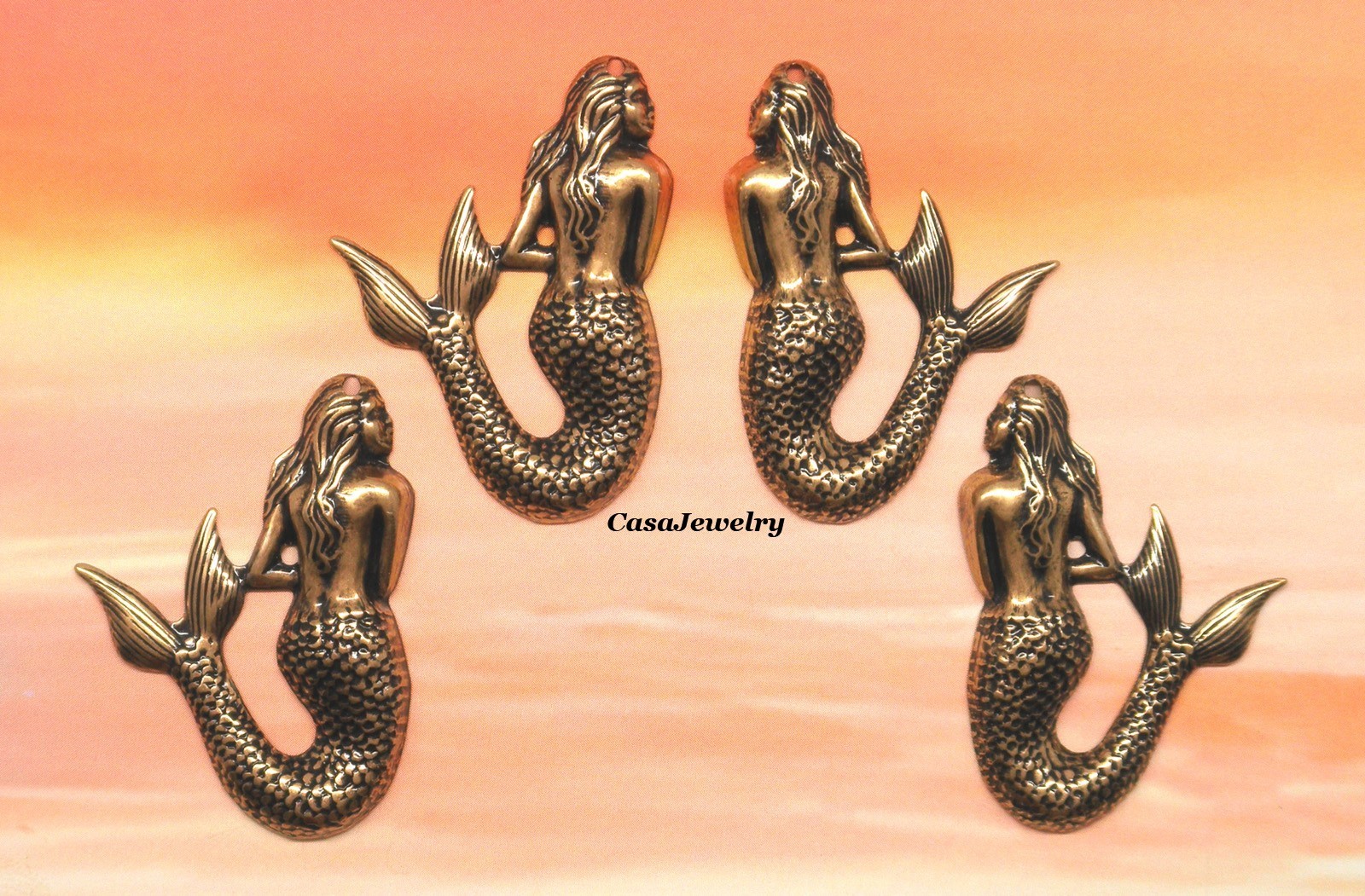 #0141 ANTIQUED GOLD L & R MERMAIDS W/TOP HANG HOLE - 4 Pcs (2 Pr)