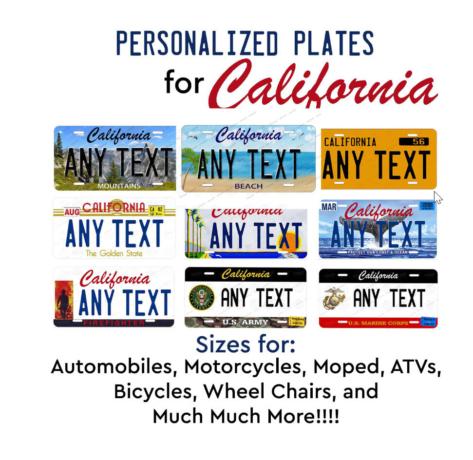 Personalized Custom License Plate Metal Tag California Auto Car Bicycle ATV Bike