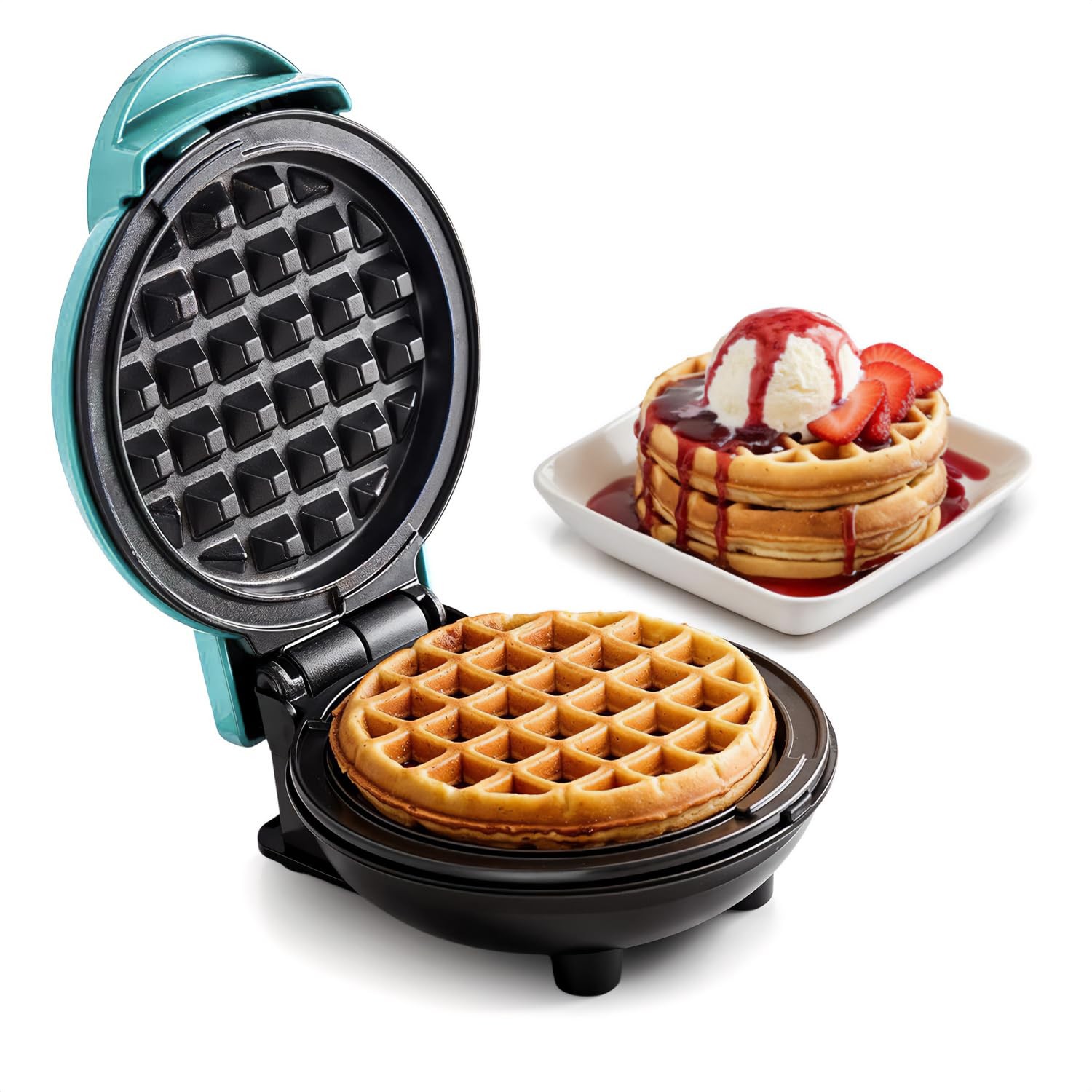 "Electric Mini Waffle Maker 4.5"" Nonstick Belgian Waffles Hash Browns Mint"