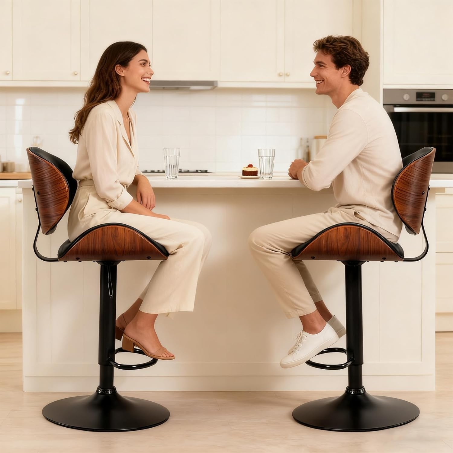 2Pcs Swivel Bar Stools,PU Leather Upholstery,w/Back&Footrest,Height Adjustable