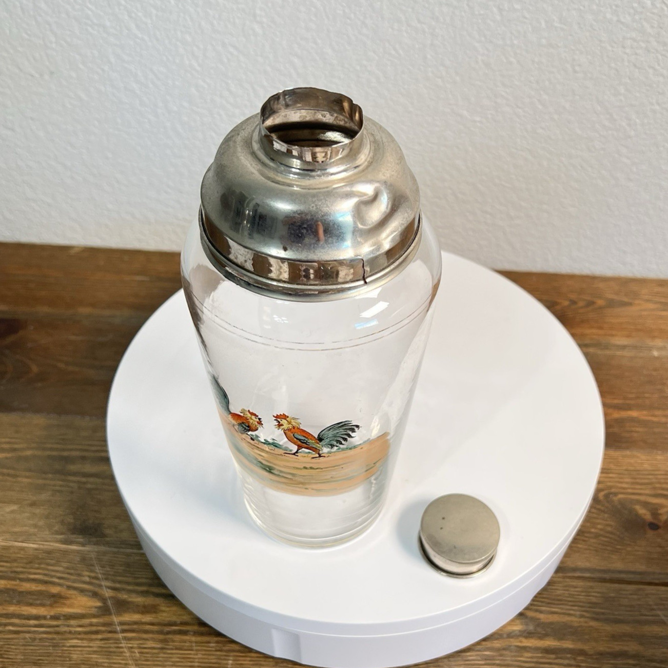 1940s Cocktail Shaker Hand-painted Rooster Silver Plated Vintage Art Deco 9"