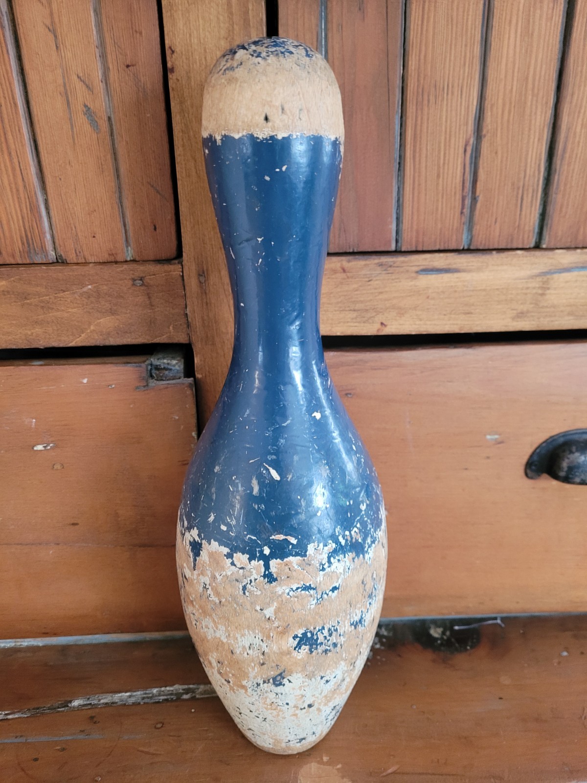 Vintage Primitive Wood Painted Bowling Pin 15" farmhouse