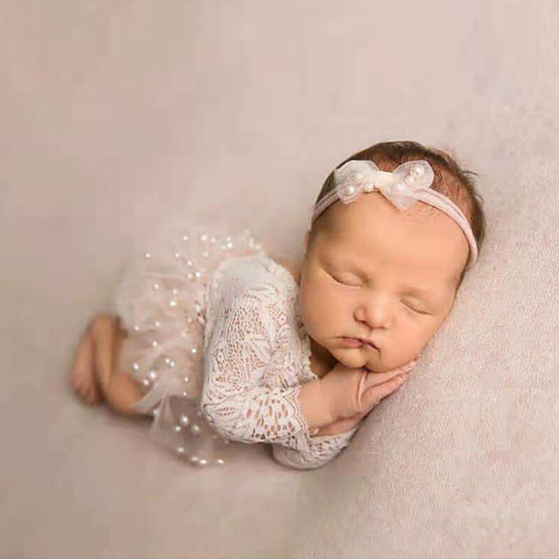 Newborn Baby Girl Lace Pearl Dress Skirt Headband Photography Props Photo Shoot
