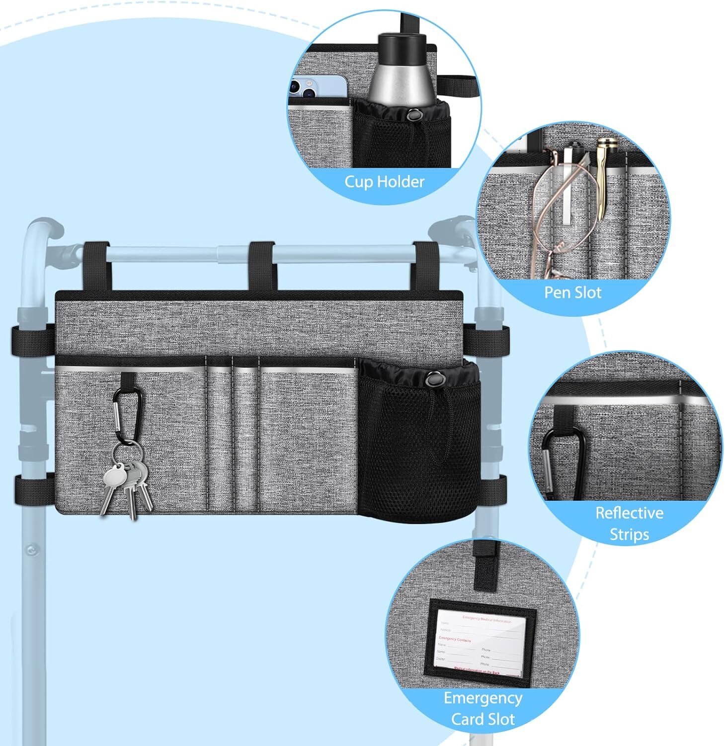 Large Walker Tote Bag with Cup Holder, Folding Walker Attachment Storage Basket