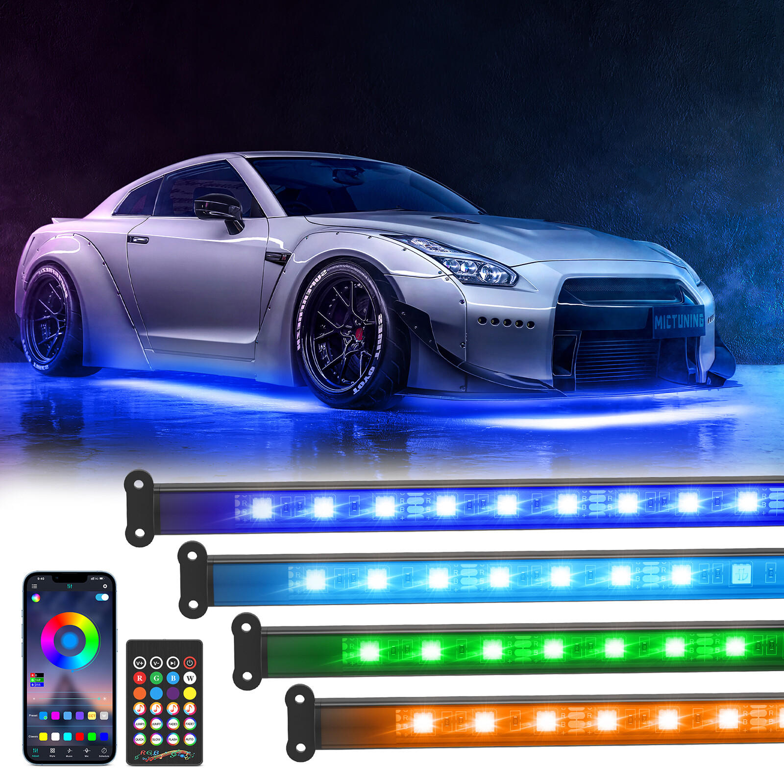 MICTUNING RGB LED Strip Under Car Tube Underglow Underbody System Neon Light Kit
