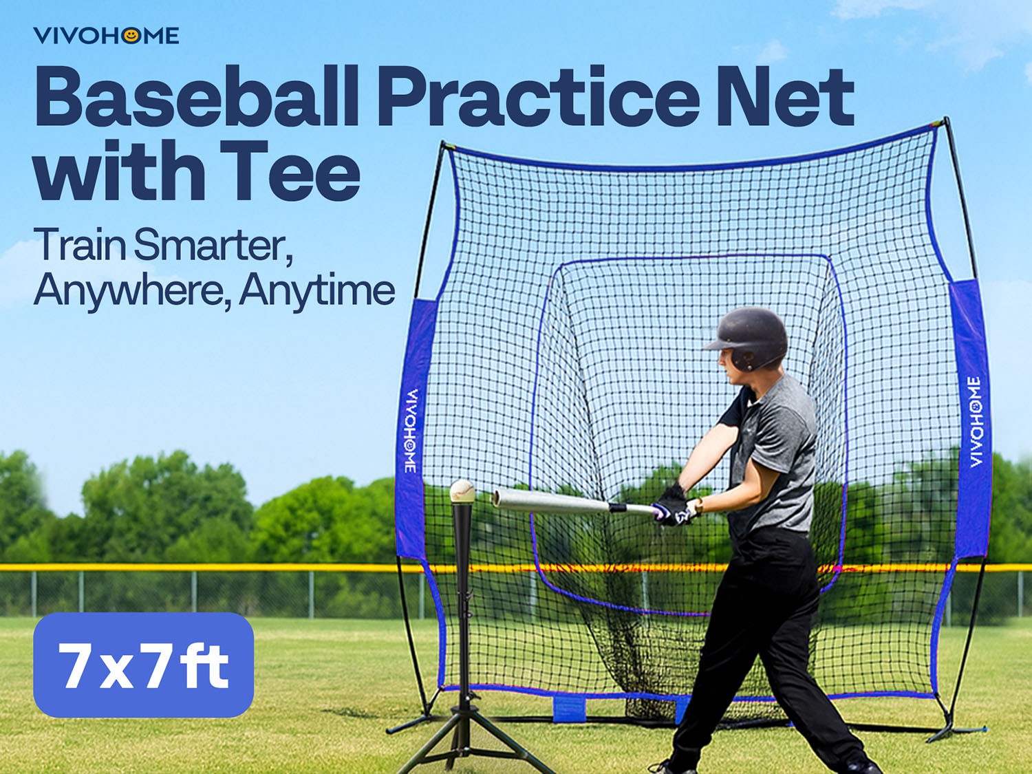 Portable Baseball & Softball Practice Net with Batting Tee 7x7 ft Aluminum Frame